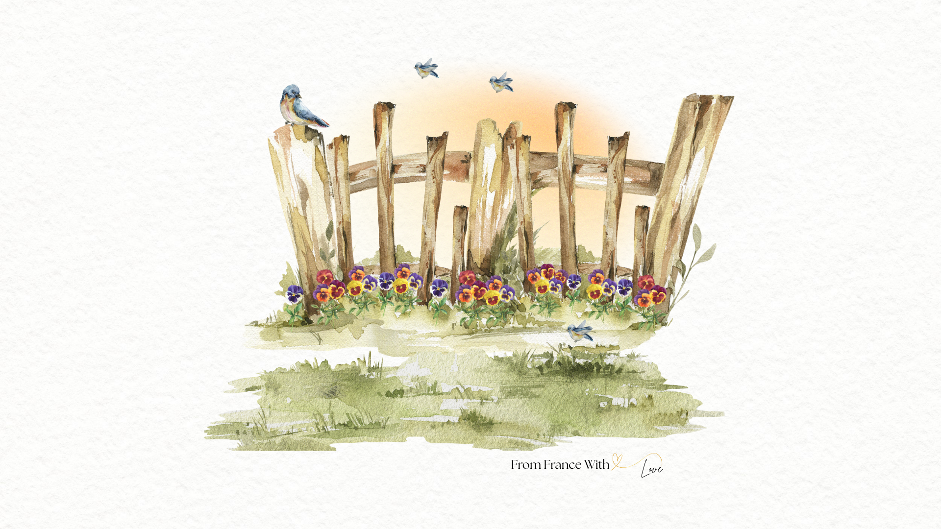 A garden moment that helps make every day beautiful: watercolor fence with pansies and a bird.