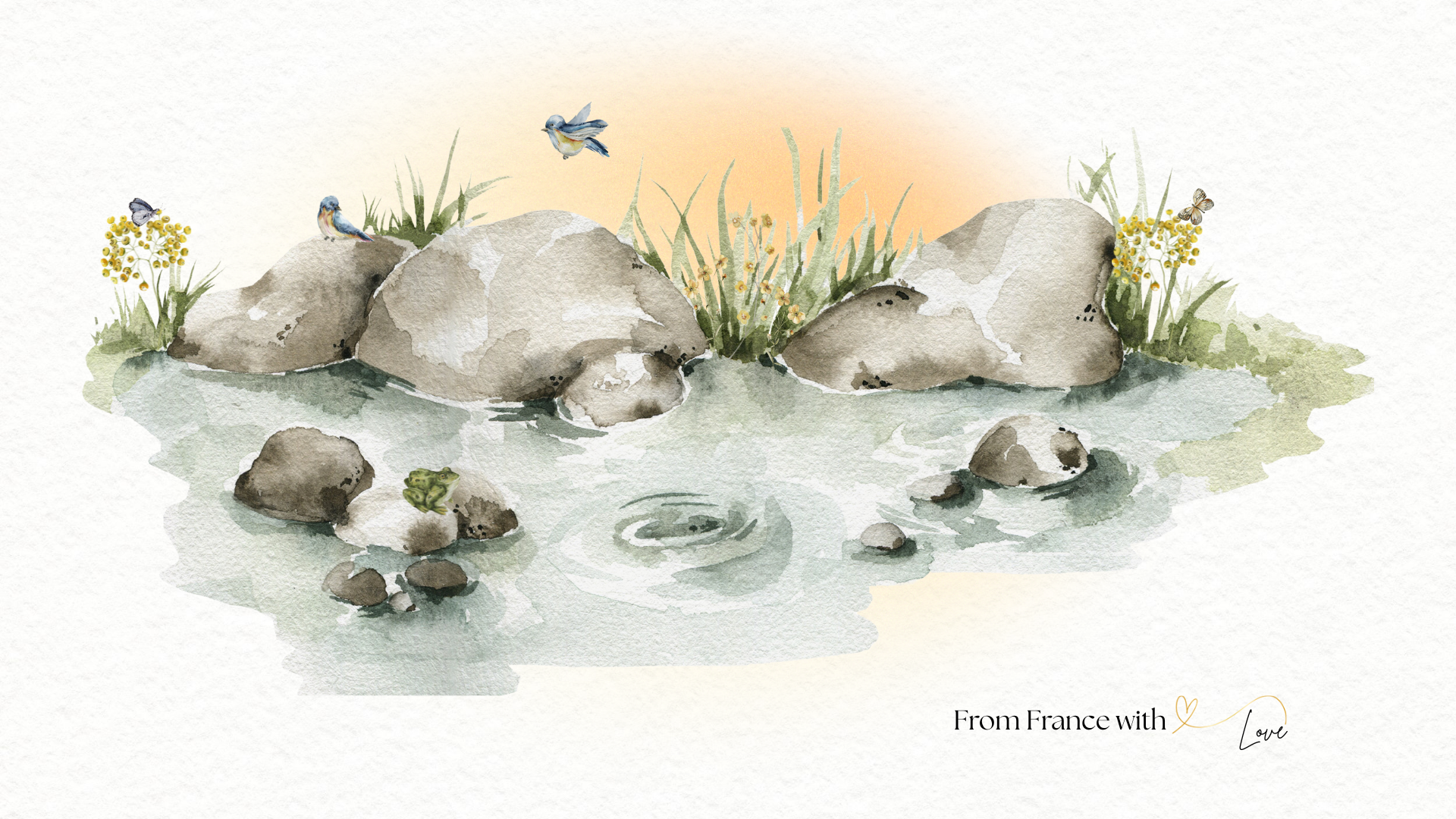 Watercolor painting of stones resting in calm water, with birds, butterflies, and wildflowers, in soft golden light
